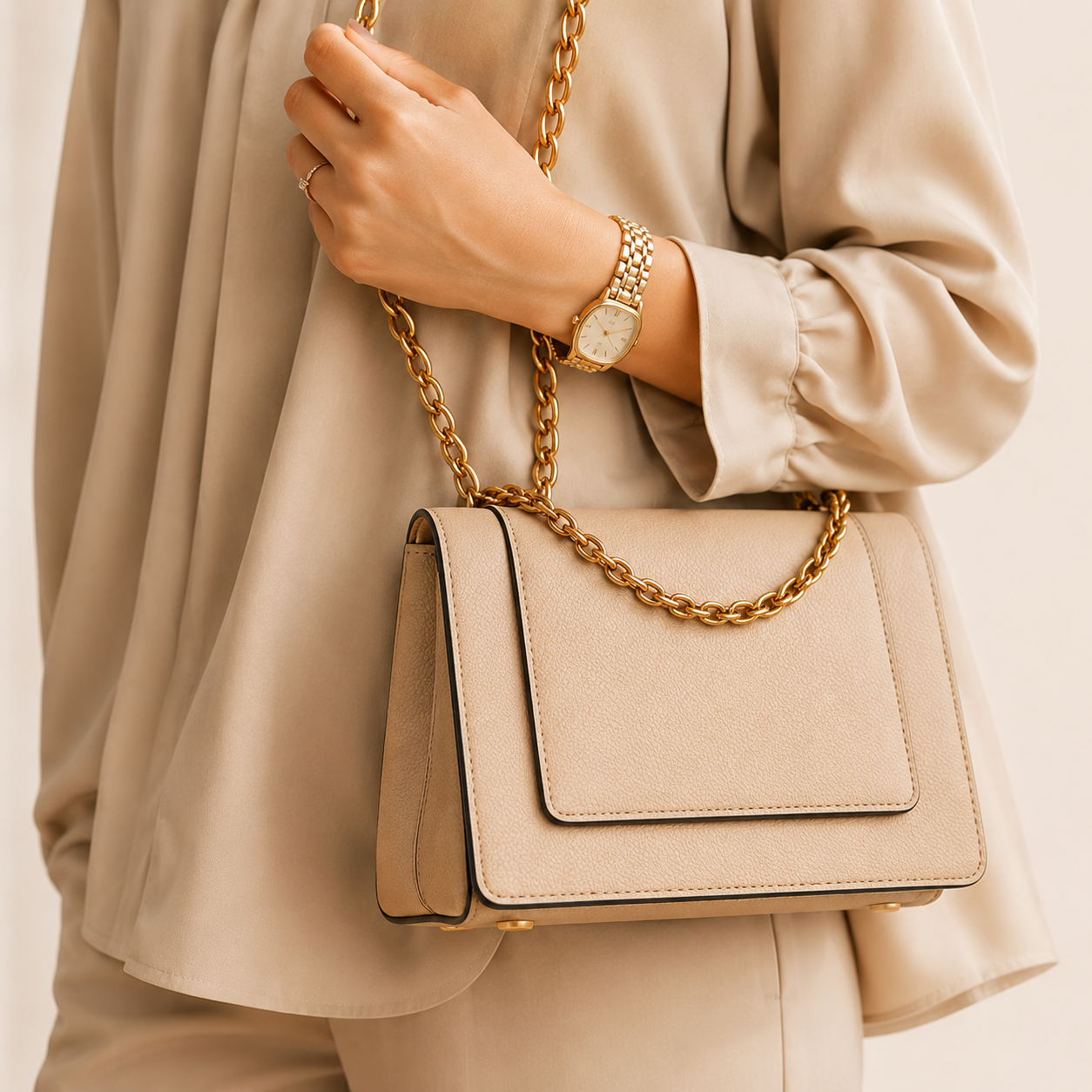 Model carrying a structured Viora handbag