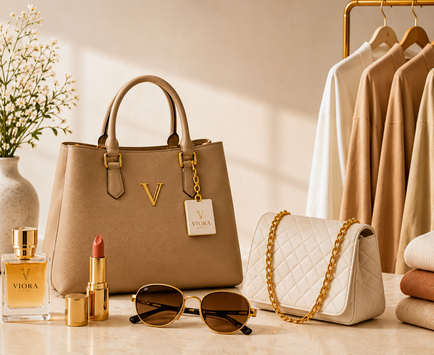 Handbag, perfume, cosmetics, sunglasses, and clothing from Viora Apparel