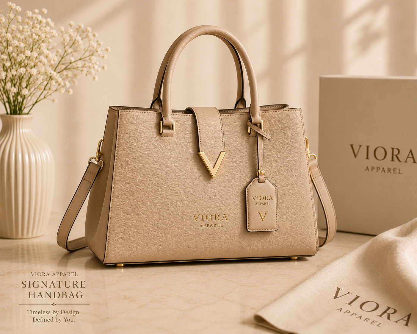 Viora signature handbag, perfume, and sunglasses collection